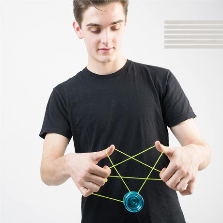 Young man performing advanced string trick with blue metallic yo-yo against plain white background