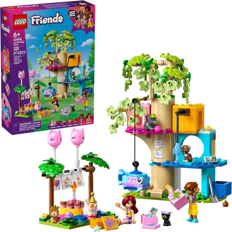 LEGO Friends Cat Birthday Party set with treehouse, festive decorations, and animal figures celebrating a cat’s birthday.
