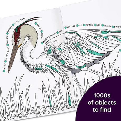 Open coloring book page featuring a detailed bird with hidden objects to find in the nature scene