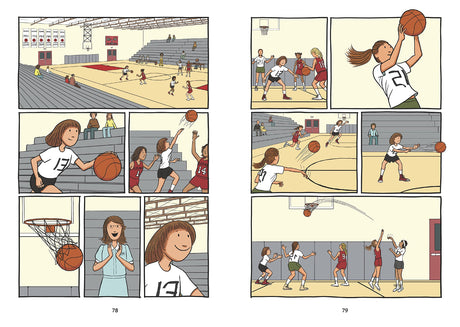 Hoops graphic novel pages showing young girls playing basketball in a school gym, capturing team spirit and determination.