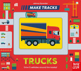 Make Tracks: Trucks board book with sliders featuring a colorful truck and vehicle vocabulary for kids ages 2-5.
