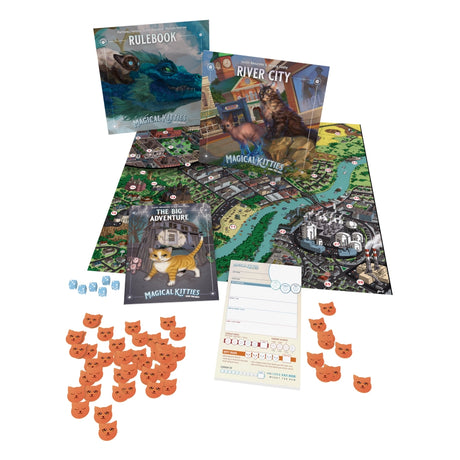 Tabletop roleplaying game components including rulebooks, game board, character sheets, cat tokens, and dice for Magical Kitties Save the Day.