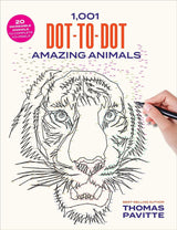 1001 Dot to Dot Amazing Animals book cover featuring a hand connecting dots forming a tiger face puzzle.