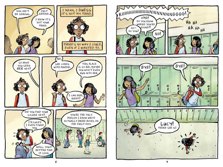 Illustrated comic panels from the book Duel showing middle school scenes and characters interacting nervously and playfully.