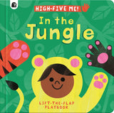 High-Five Me! In the Jungle board book cover with colorful animal paws and a child in a yellow jungle costume.