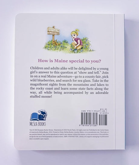 Back cover of My Maine book featuring a young girl picking blueberries with descriptive text about Maine adventures.