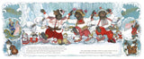 Illustration from Jan Brett’s The Nutcracker showing dancing bears in festive clothing in a snowy scene.