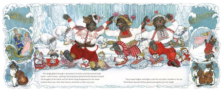 Illustration from Jan Brett’s The Nutcracker showing dancing bears in festive clothing in a snowy scene.