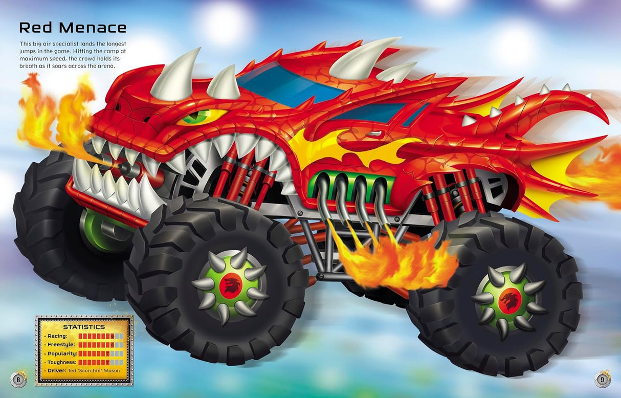 Build Your Own Sticker Book | Monster Trucks featuring a fiery red monster truck with spikes and flames