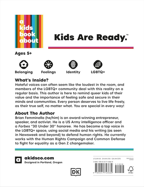 A Kids Book About Queer Mental Health cover with bold colors and symbols for belonging, feelings, identity, and LGBTQ+ ages 5+