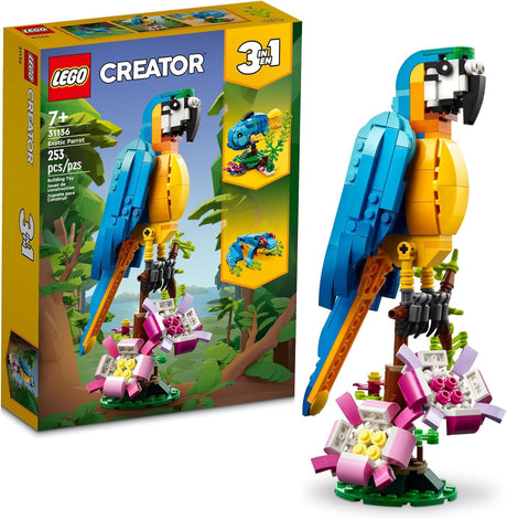 Colorful LEGO Creator building set featuring an exotic parrot perched on a flowering branch for kids ages 7 and up