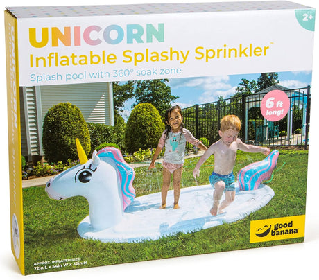 Splash Pad Sprinkler Unicorn inflatable water toy with 360-degree soak zone for fun backyard play.
