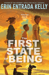 The First State of Being book cover showing three kids walking with a vibrant sunset background and glowing orange skies.