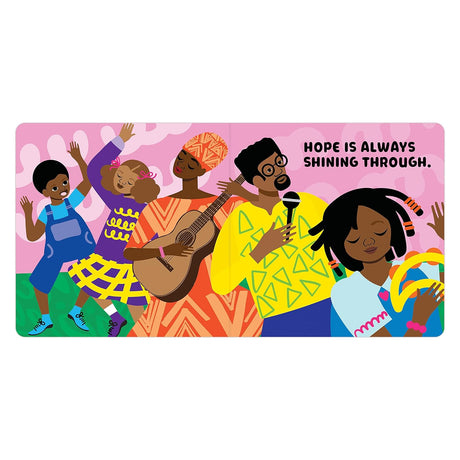 Let's Celebrate Juneteenth board book illustration showing diverse people celebrating with music and joy.