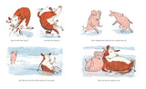 Cow and Sow illustrated book scene with a cow and pigs slipping and sliding across icy water