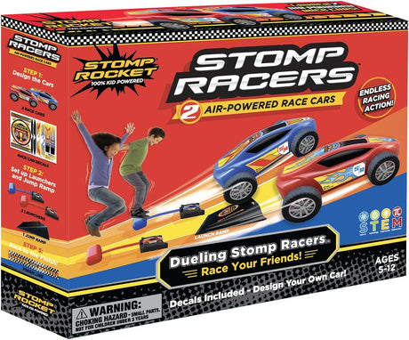 Stomp Rocket Dueling Stomp Racers with 2 air-powered race cars, ramp, launchers, and decals for endless racing fun.