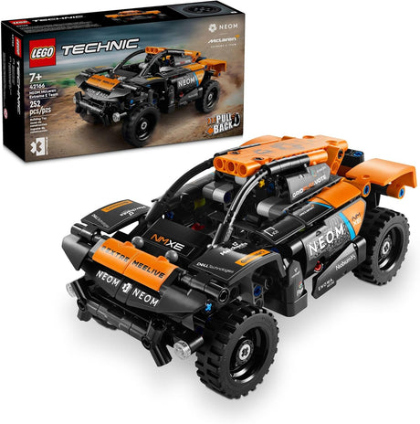 LEGO Technic NEOM McLaren Extreme E Racer pull-back toy car with off-road tires and orange black design for kids ages 7 and up