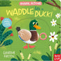 Animal Actions: Waddle Like a Duck! colorful book cover featuring a playful duck and push pull sliders