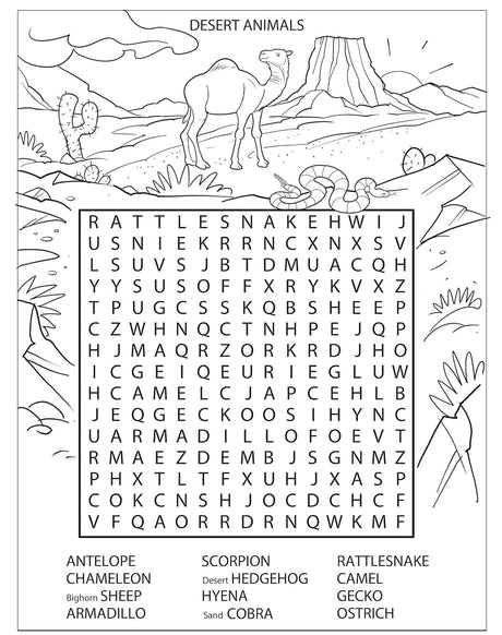 Desert animals word search puzzle featuring a camel, rattlesnake, scorpion, armadillo, and other desert creatures in a desert landscape.