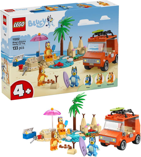 LEGO Bluey Beach and Family Car Trip set with Orange car, beach scene, palm tree, sandcastles, and Bluey family figures.