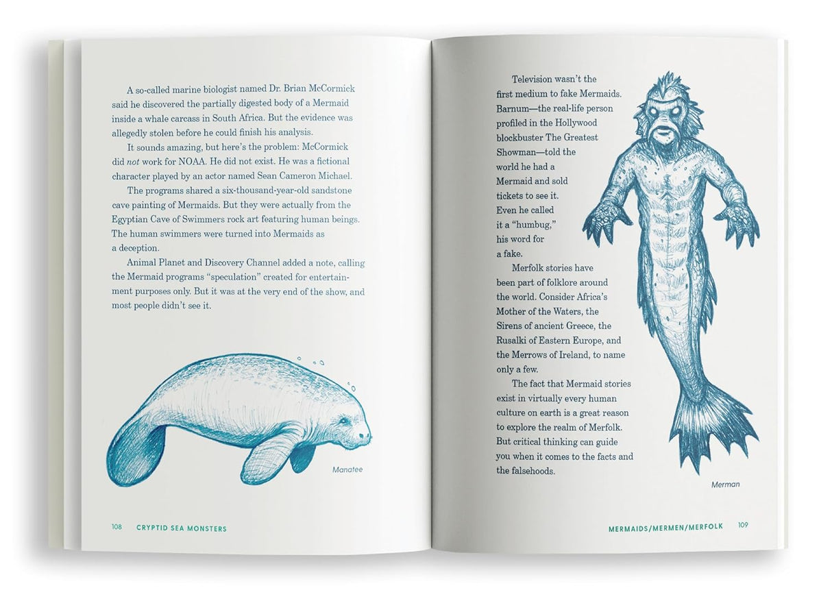 Two page spread with text and two illustrations, one of a manatee and one of a merman.