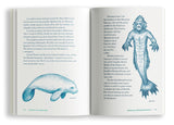 Two page spread with text and two illustrations, one of a manatee and one of a merman.
