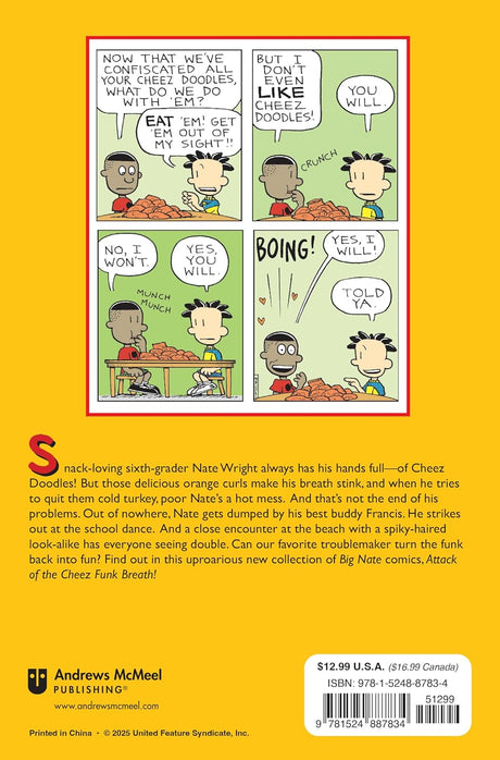Big Nate #32 Attack of the Cheez Funk Breath! comic panel showing Nate and friend with Cheez Doodles and humorous dialogue.