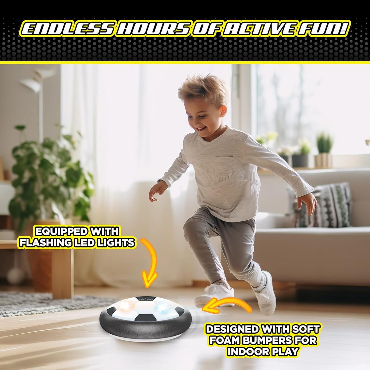 Young boy playing with a hovering soccer toy featuring LED lights and soft foam bumpers for indoor fun