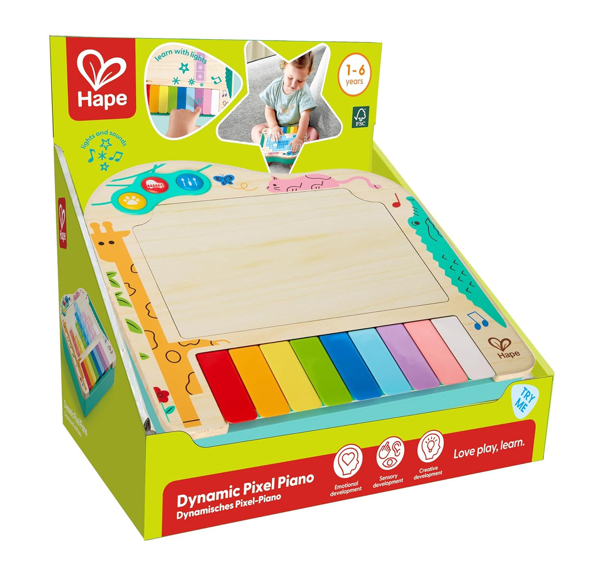 Colorful wooden pixel piano toy with light-up keys in a bright packaging for children aged 1 to 6 years old