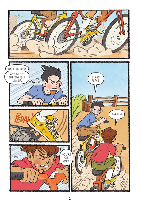 Four Eyes graphic novel page showing two boys racing bicycles and competing for first place.