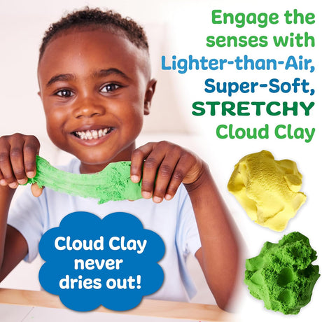 Sensory Pack | Farm featuring a child playing with stretchy, super-soft cloud clay in vibrant yellow and green colors.