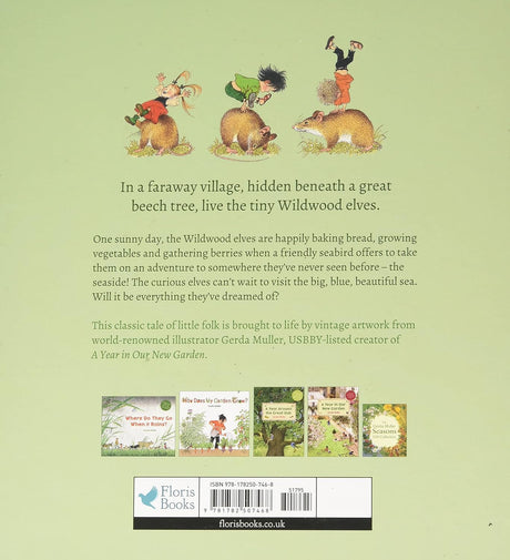 Back cover of Wildwood Elves book showing playful elves riding animals with vintage illustrations and text about their seaside adventure.