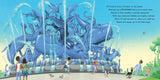 Illustration from If I Built a Town showing children watching a large, whimsical water fountain sculpture with fantasy creatures.
