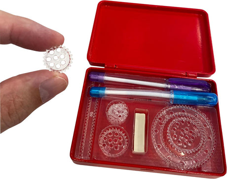 World’s Smallest Spirograph set with clear plastic gears, two pens, putty and red compact case for travel fun.