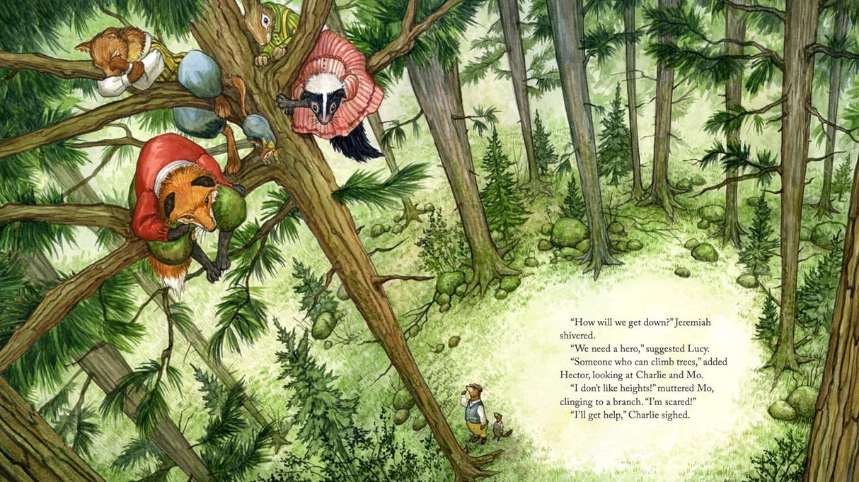 Illustration from Hector Fox & the Daring Flight showing forest animals planning their flying machine adventure.