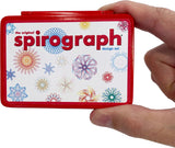 Hand holding the red compact case of the Worlds Smallest Spirograph with colorful designs on the label