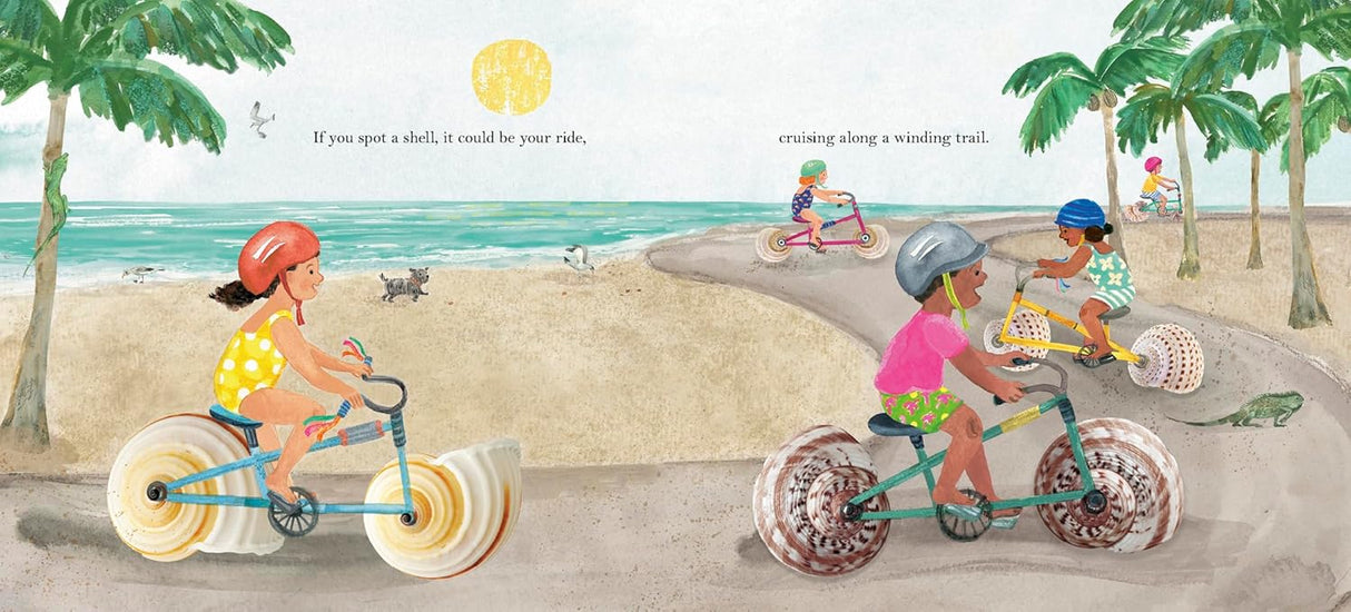 If You Spot a Shell illustration of children riding bicycles with shell wheels along a beach trail.