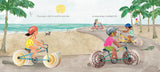 If You Spot a Shell illustration of children riding bicycles with shell wheels along a beach trail.