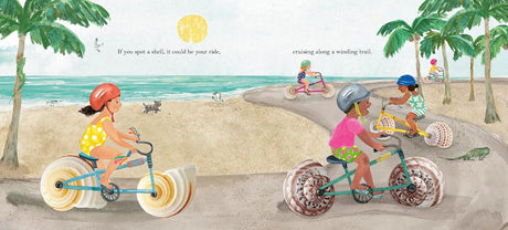 If You Spot a Shell illustration of children riding bicycles with shell wheels along a beach trail.