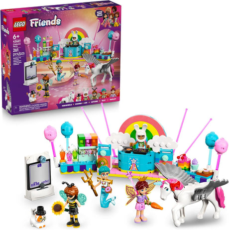 LEGO Friends Costume Party set with unicorn, fairy, DJ booth, photo props, and colorful character figures.