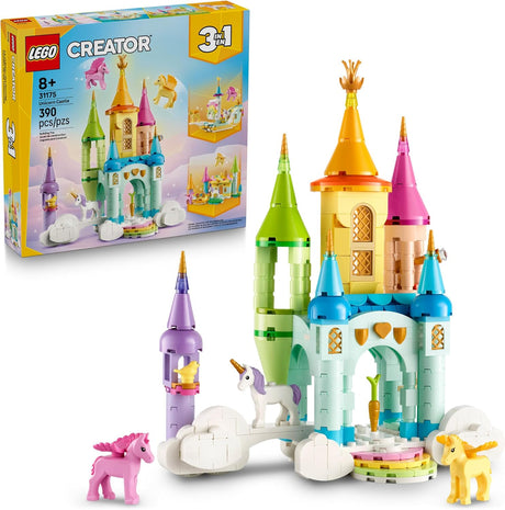 Colorful LEGO Creator Unicorn Castle with towers, rainbow staircase, and three unicorn figures for imaginative play.