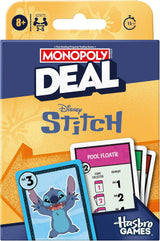 Monopoly Deal Disney Stitch card game packaging showing playful Stitch and colorful game cards for family fun.