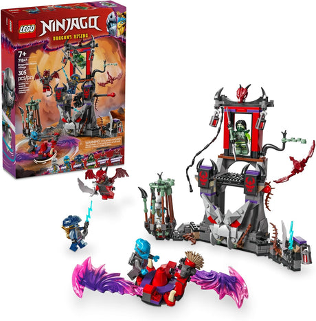 LEGO Ninjago Dragonian Storm Village playset with minifigures, battle arena, spinner, cage, and ninja accessories.