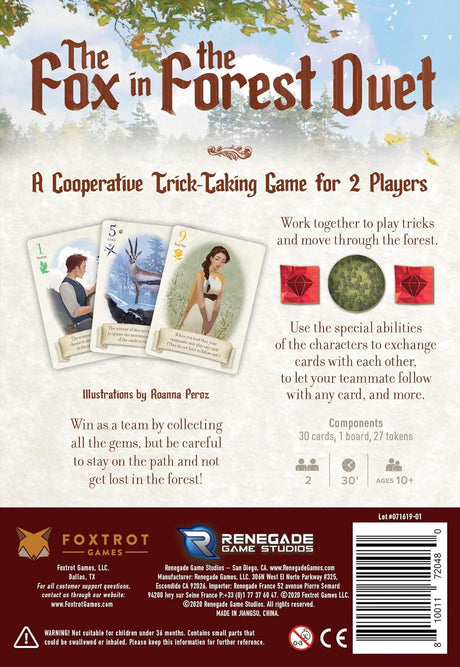 The Fox in the Forest: Duet game box showing cards and gems for a cooperative trick-taking game for 2 players.