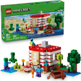 LEGO Minecraft TNT Jungle House set with Steve, Creeper, boat, fishing rod, and colorful parrot figure for ages 8 and up