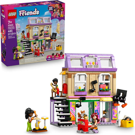 LEGO Friends set featuring a music store and apartment with characters, instruments, and detailed accessories.