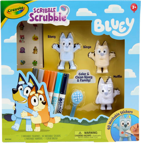 Crayola Scribble Scrubbie Bluey 3 pack with Bluey, Bingo, Muffin figures, markers, brush, and washable stickers for creative play.