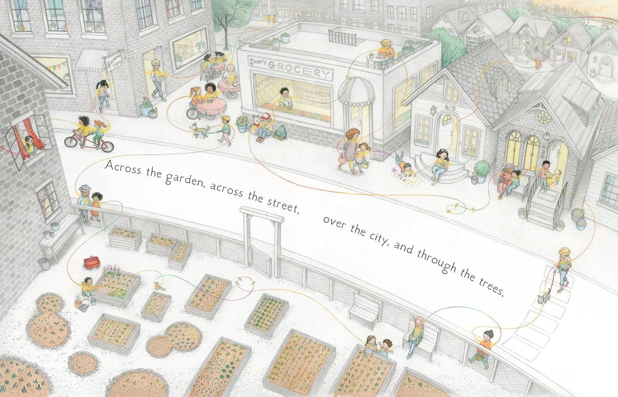 Illustration of a colorful heart string connecting neighbors through gardens, streets, and homes in a peaceful community.