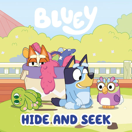 Bluey and friends playing outdoors with toys in a colorful scene from the Hide and Seek book for toddlers