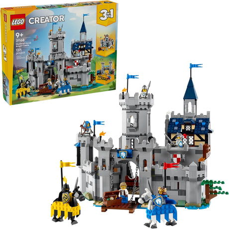 Detailed LEGO medieval castle set with knights, horses, towers, and accessories for creative building and play.
